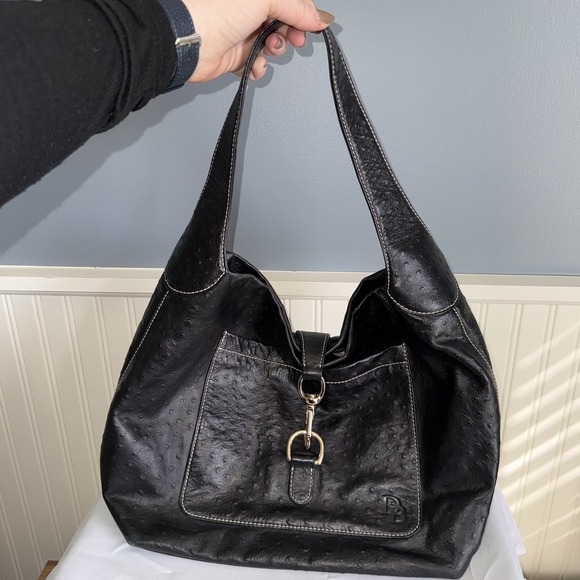 Dooney & Bourke Black Ostrich Leather Shoulder Bag Purse Silver Clasp